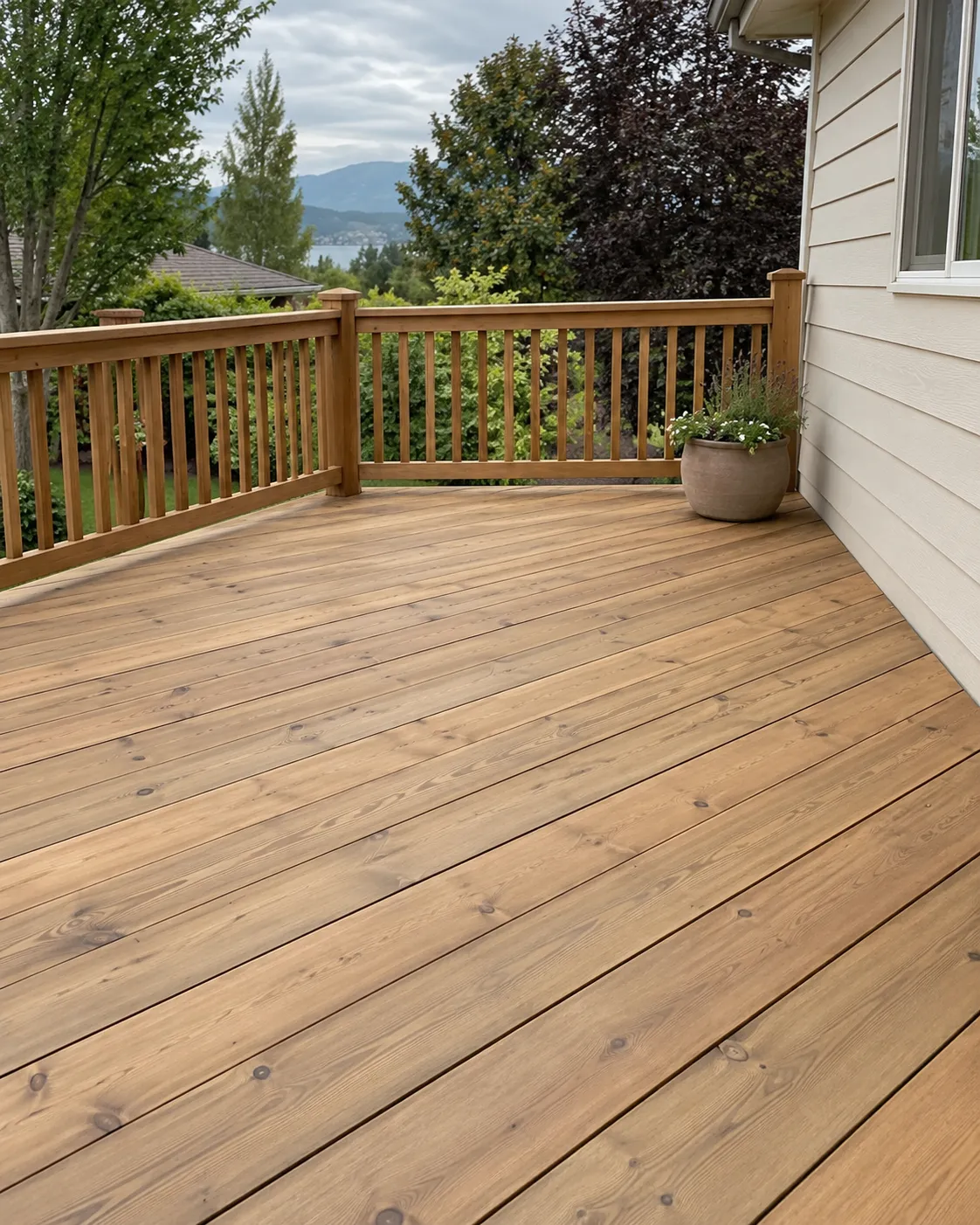 Illustrative transparent cedar finish on deck boards and railings.