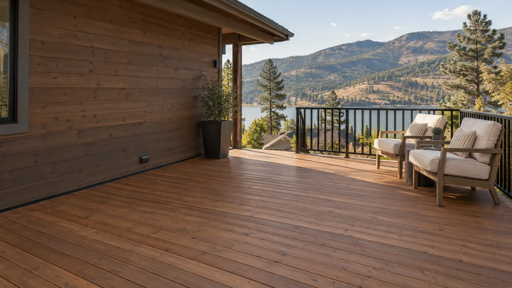 Illustrative cedar deck overlooking an Okanagan-style lake and hillside.