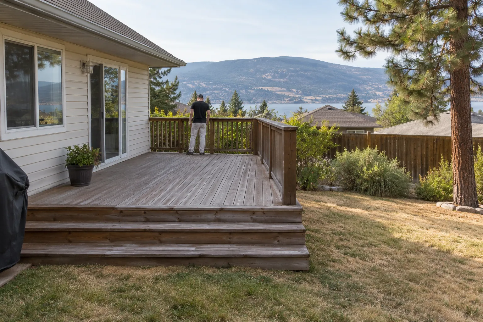 Illustrative distant worker inspecting a weathered deck.